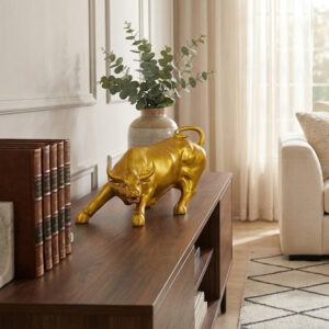 Decorative Gold Bull Statue, Wall Street Symbol, Metal Figurine - 6inch